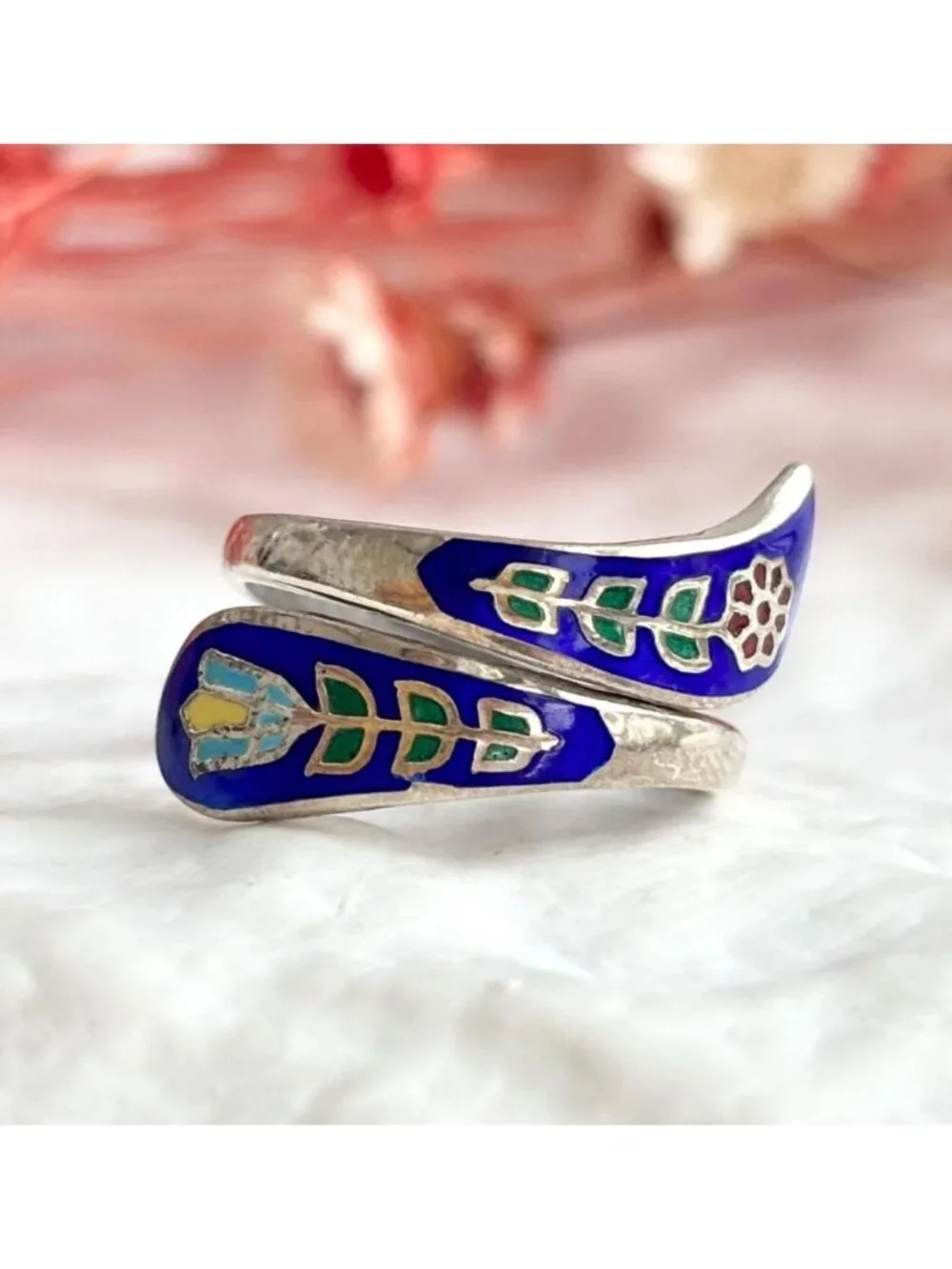 Cloissone Enameled Floral Made Wrap Sterling Silver 925 Vintage Ring - sz 4